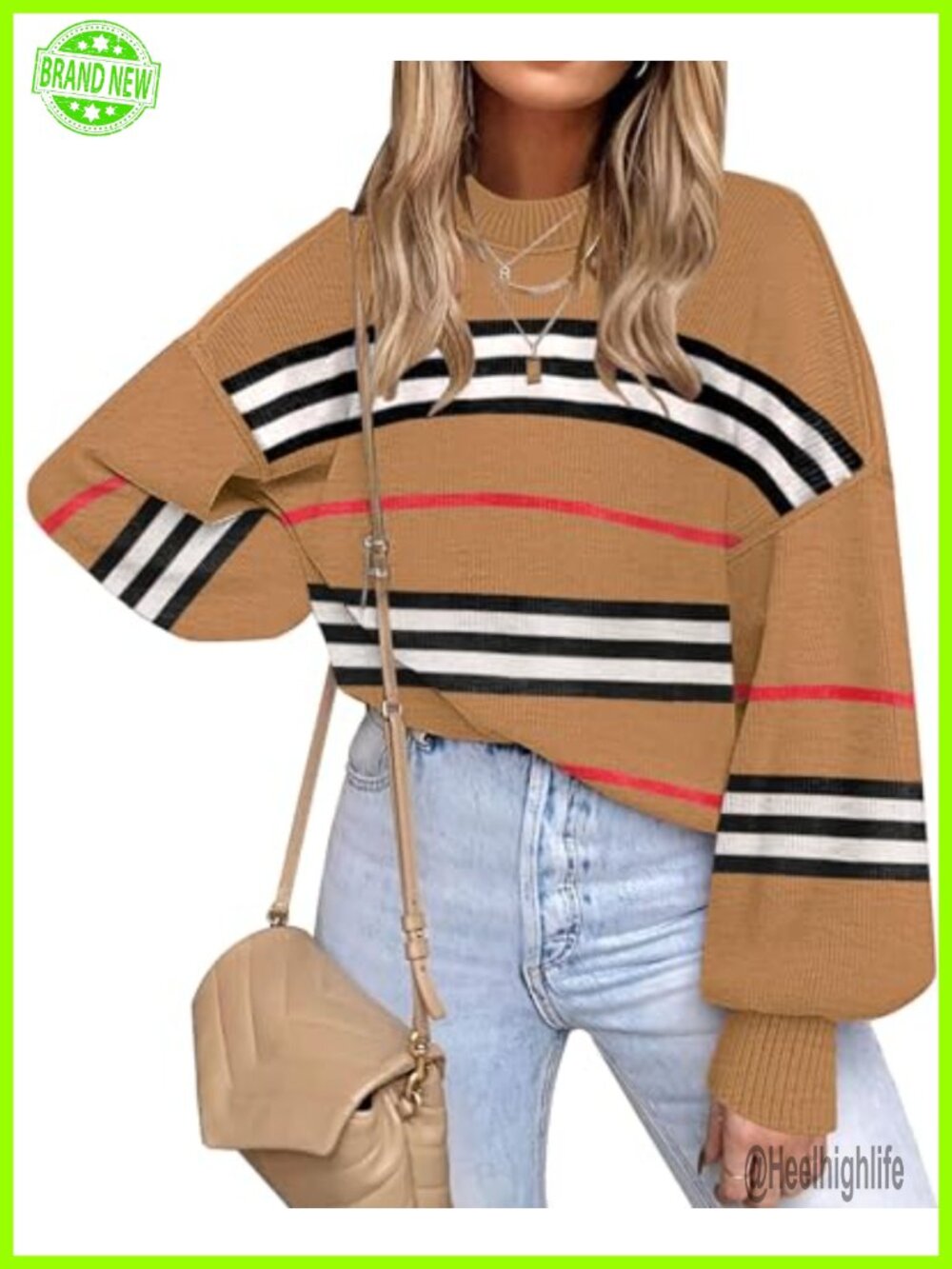 Oversized Striped Knit Pullover Sweater Long Sleeve Crewneck